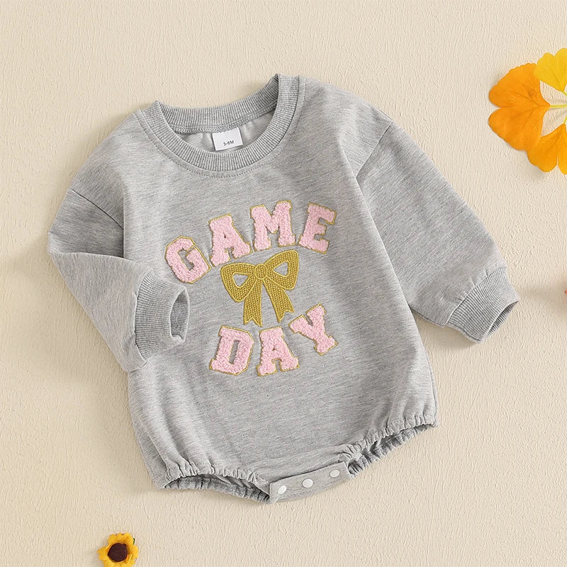 Baby Girl Game Day Bubble Romper Bow Letter Embroidery Long Sleeve Crew Neck Football Jumpsuit for Fall