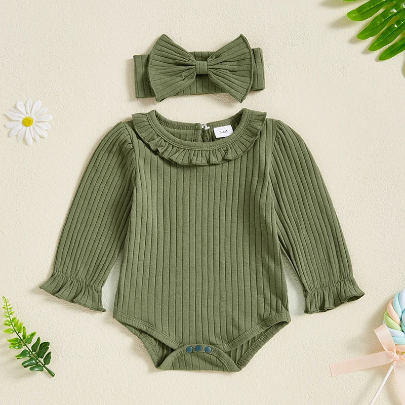 Baby Girl 2Pcs Spring Outfit Long Puff Sleeve Solid Color Bodysuit with Headband Set Infant Clothes