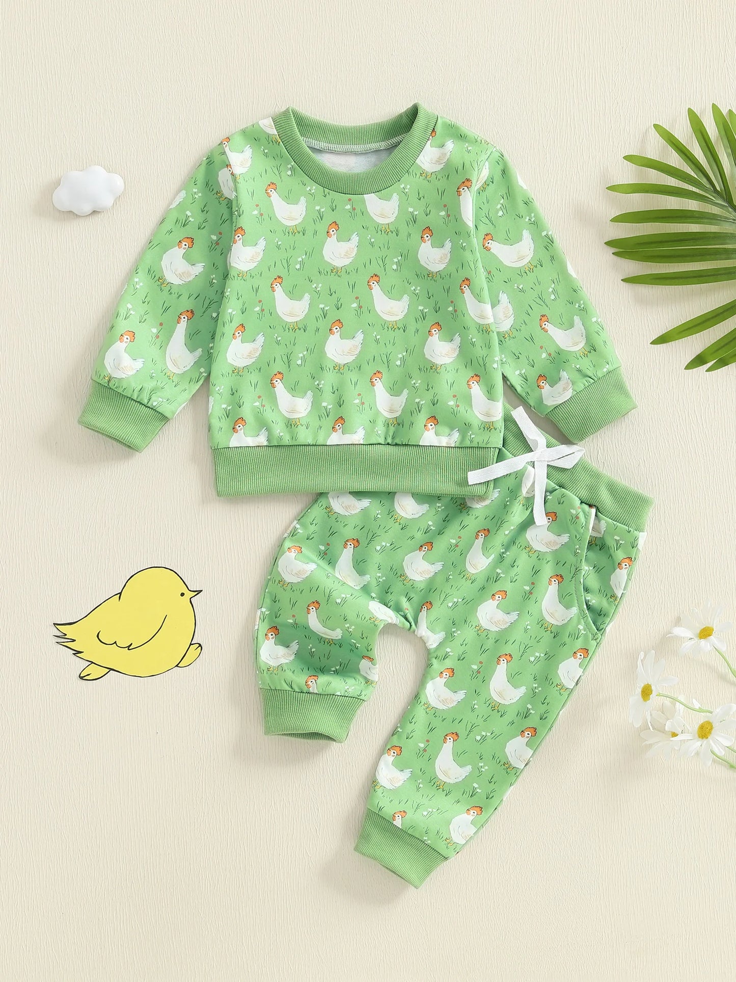 Baby Toddler Boys Girls 2Pcs Fall Outfit Long Sleeve Farm Chicken Print Top Jogger Pants Set