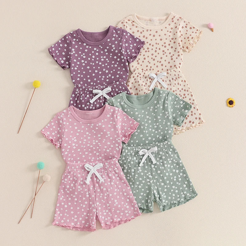 Baby Toddler Girls 2Pcs Flower Set Short Sleeve T-shirt Top With Shorts Floral Outfit