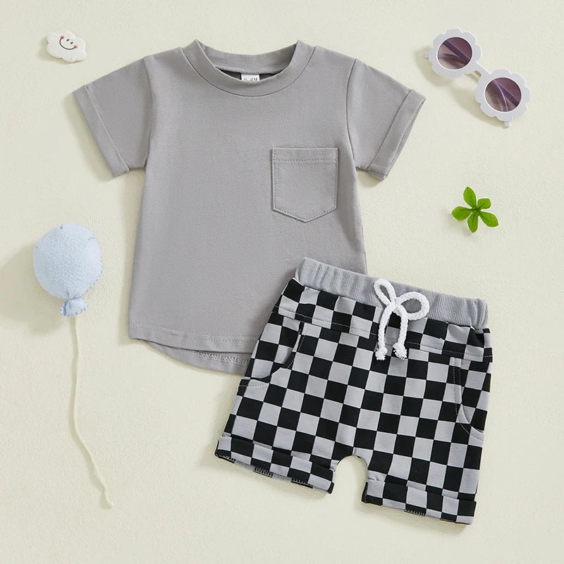 Baby Toddler Boys 2Pcs Summer Outfit Solid Color Short Sleeve Top T-Shirt Checkered Shorts Set