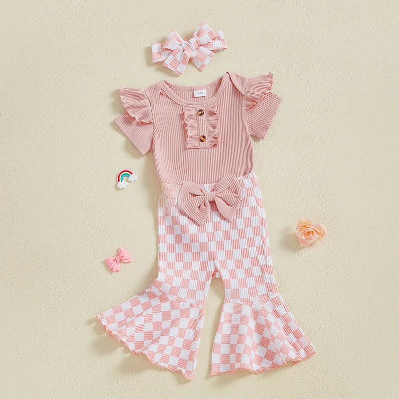 Baby Girls 3Pcs Summer Spring Clothes Solid Ribbed Short Sleeve Romper with Checkered Print Flare Long Pants and Headband Set