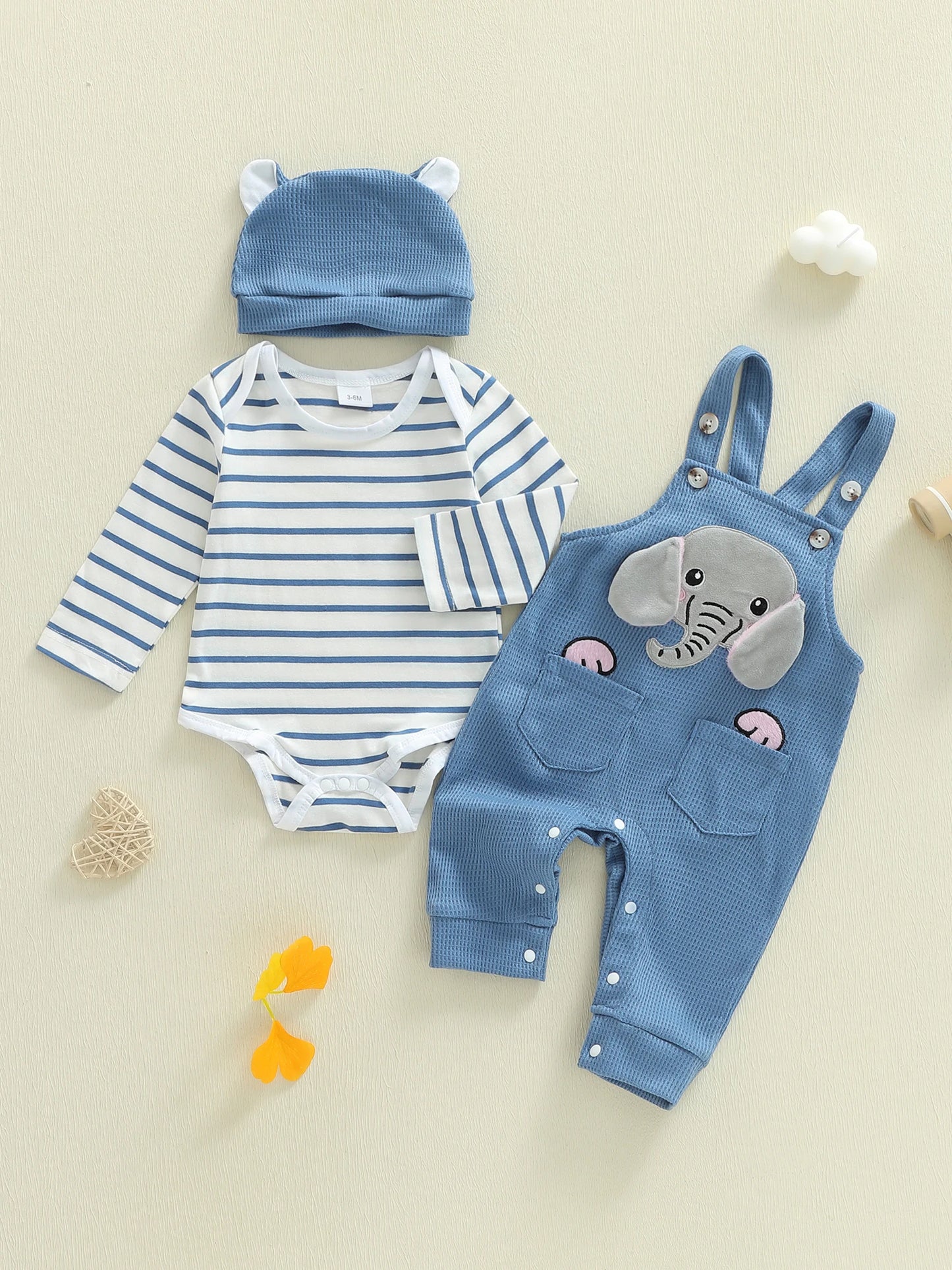 Baby Boys 3Pcs Outfit Set Long Sleeve Crew Neck Striped Romper Elephant Embroidery Suspender Pants Hat