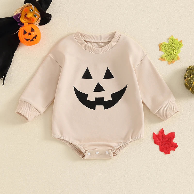 Baby Girls Boys Halloween Romper Casual Pumpkin Jack O Lantern Face Print Round Neck Long Sleeve Jumpsuit