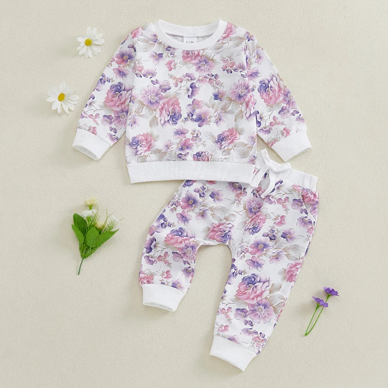 Baby Toddler Girl 2Pcs Spring Fall Outfit Long Sleeve Flower Print Top + Pants Jogger Set