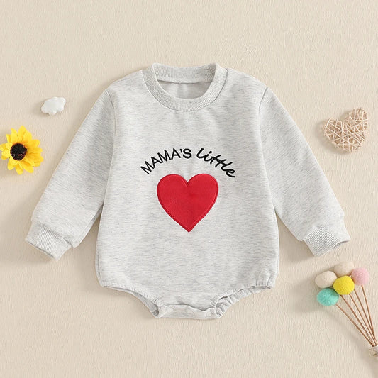 Baby Boys Girls Mama's Little Bubble Romper Long Sleeve Crew Neck Heart Letters Embroidery Bodysuit Valentine’s Day Playsuit