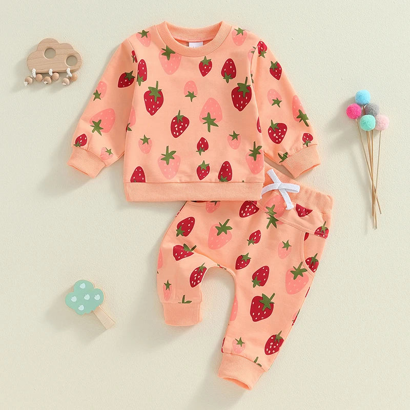 Baby Toddler Girls 2Pcs Outfit Strawberry Print Long Sleeve Crew Neck Top with Elastic Waist Pants Fall Set