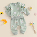 Baby Toddler Girls 2Pcs Fall Outfit Daisy Flower Print Long Sleeve Top with Elastic Waist Pants Set