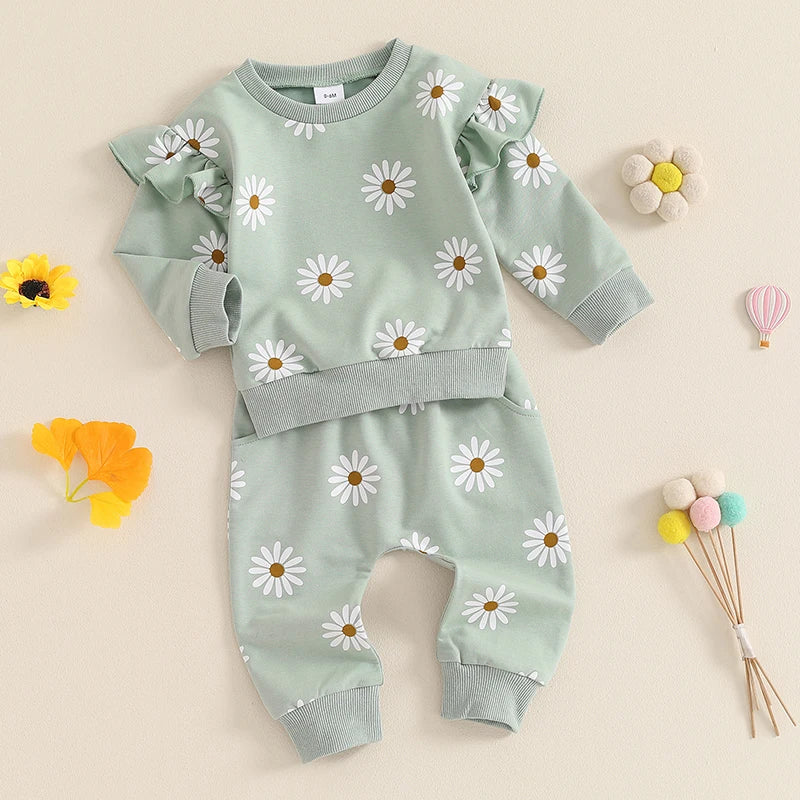 Baby Toddler Girls 2Pcs Fall Outfit Daisy Flower Print Long Sleeve Top with Elastic Waist Pants Set