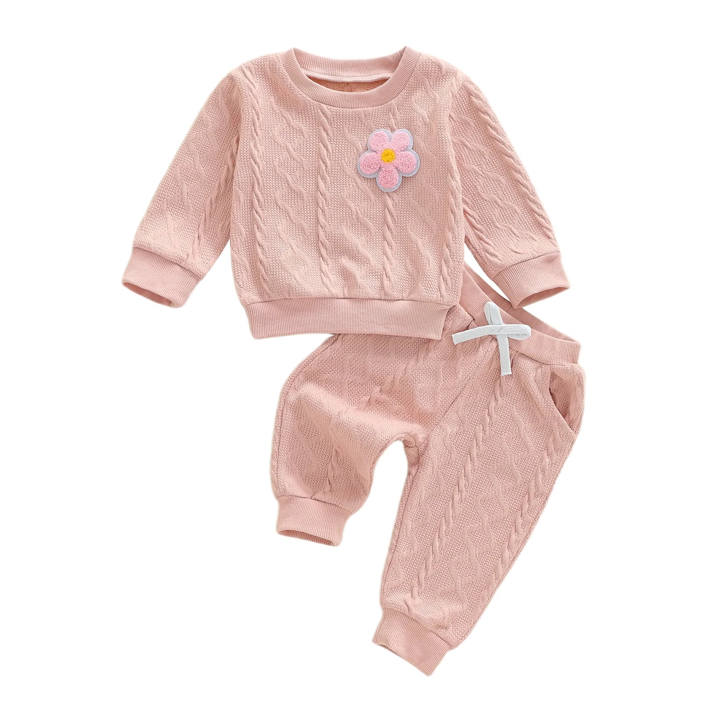 Baby Toddler Girls 2 Piece Outfits Creative Flower Embroidery Long Sleeve Crew Neck Top and Elastic Waist Pants Jogger Set
