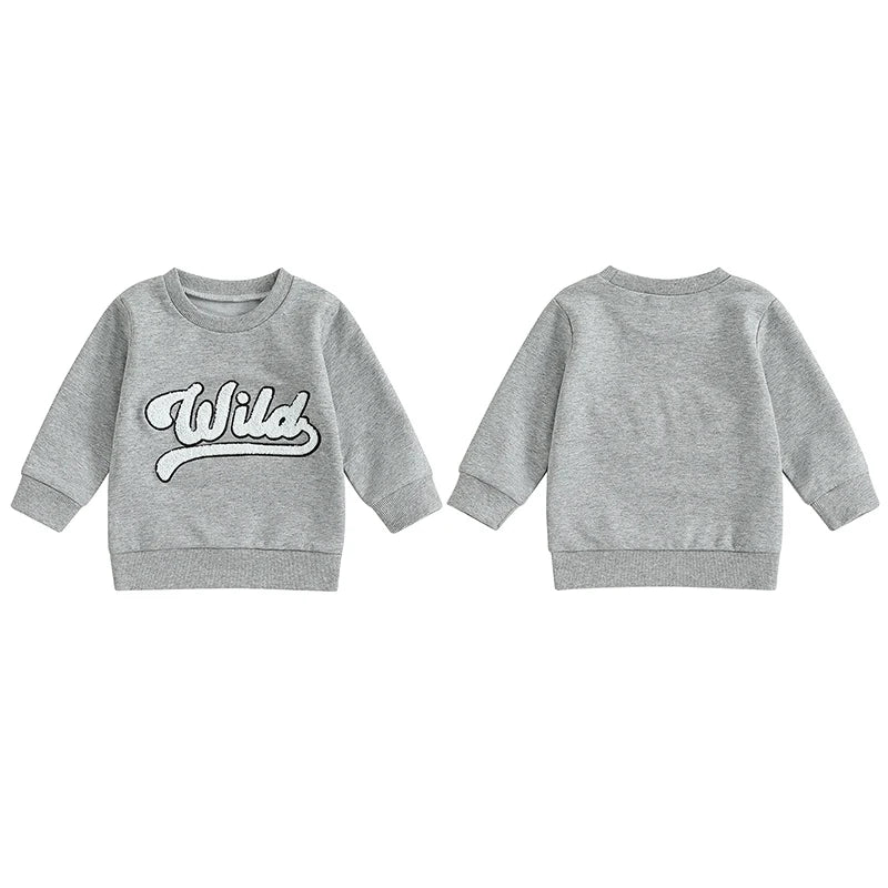 Toddler Kids Boys Girls Wild Fuzzy Letter Embroidered Crew Neck Long Sleeve Pullover Fall Casual Top