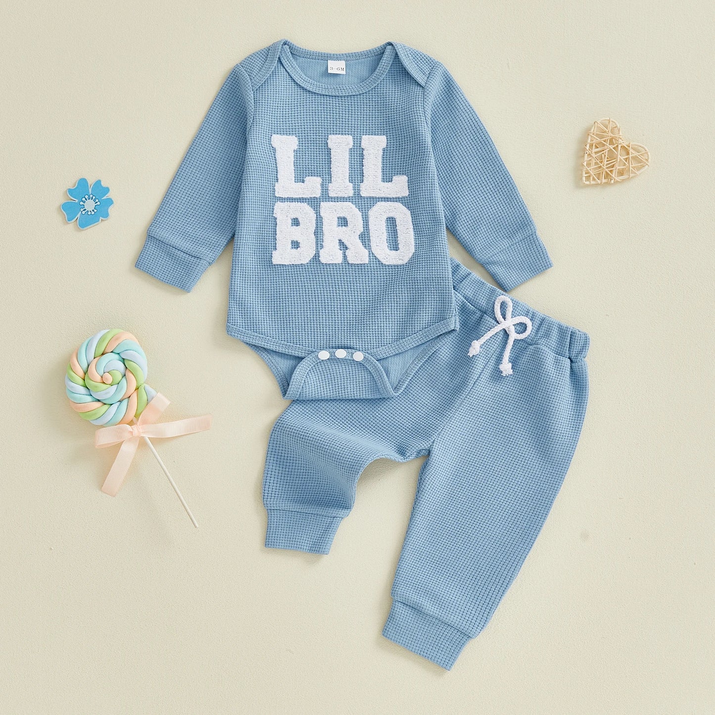 Baby Boy 2Pcs Lil Bro Outfit Waffle Letter Embroidered Ribbed Crew Neck Long Sleeve Romper and Jogger Pants 2 Pcs Set