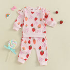 Baby Toddler Girls 2Pcs Fall Set Fashionable Strawberry Print Long Sleeve Pullover Top Bow Jogger Pants Outfit
