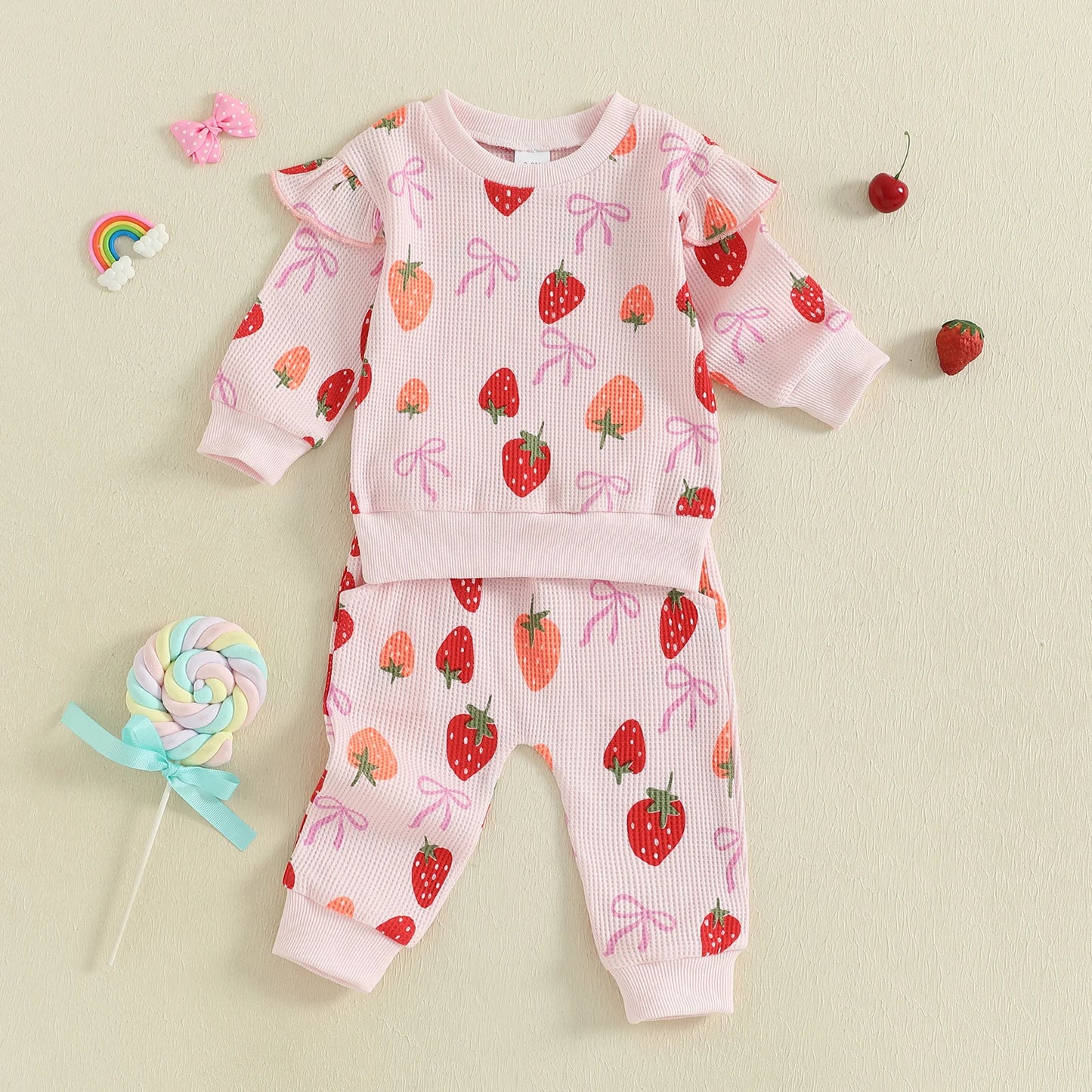 Baby Toddler Girls 2Pcs Fall Set Fashionable Strawberry Print Long Sleeve Pullover Top Bow Jogger Pants Outfit