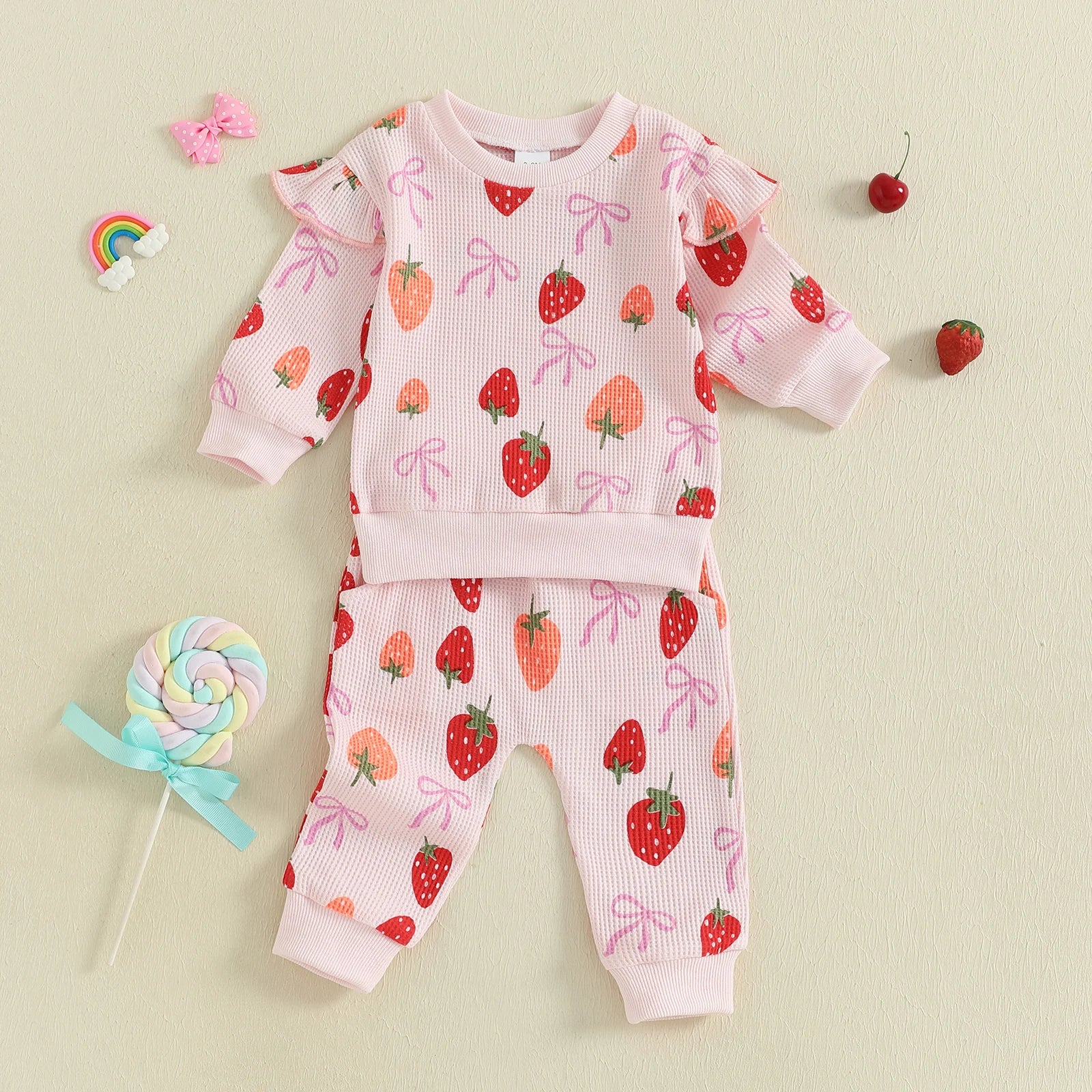 Baby Toddler Girls 2Pcs Fall Set Fashionable Strawberry Print Long Sleeve Pullover Top Bow Jogger Pants Outfit