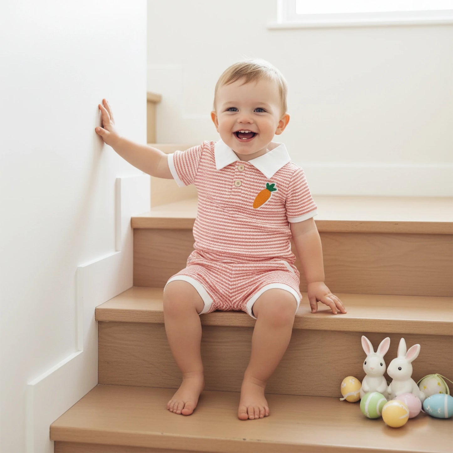 Baby Toddler Boys 2Pcs Easter Outfit Fashionable Striped Short Sleeve Carrot Cross Embroidery Top with Shorts 2Pcs Clothing Set