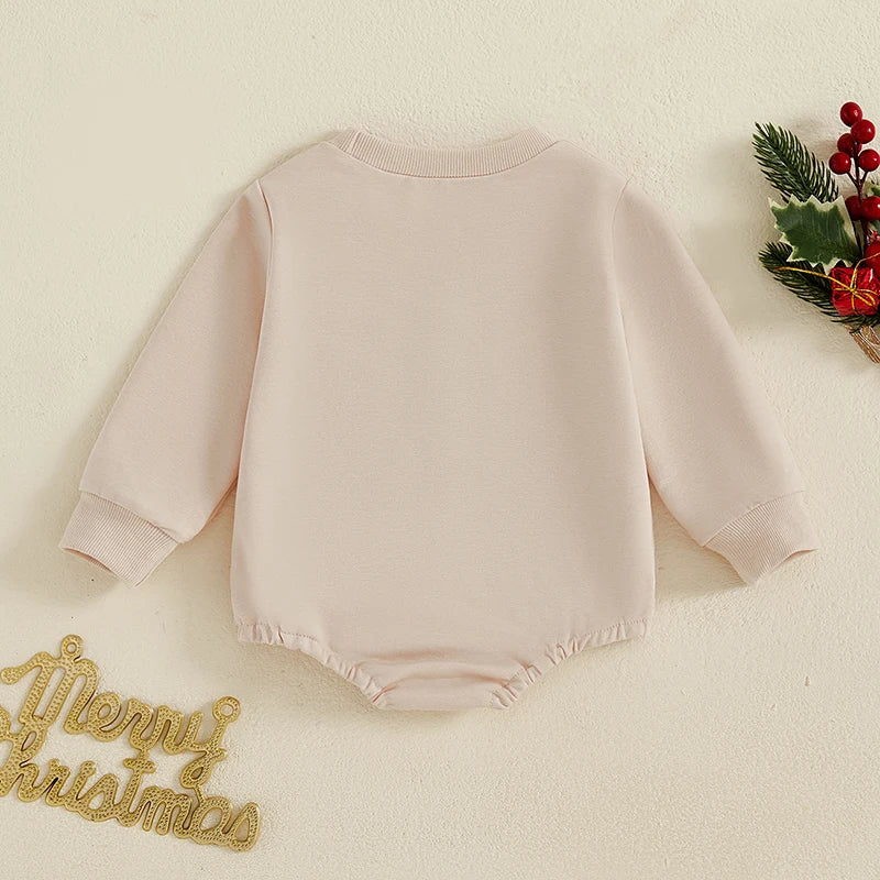 Baby Girls Boys Santa Baby Bubble Romper Christmas Letter Embroidered Long Sleeve Winter Jumpsuit