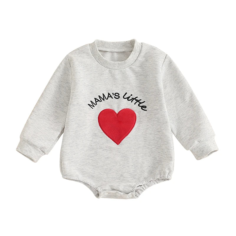 Baby Boys Girls Mama's Little Bubble Romper Long Sleeve Crew Neck Heart Letters Embroidery Bodysuit Valentine’s Day Playsuit