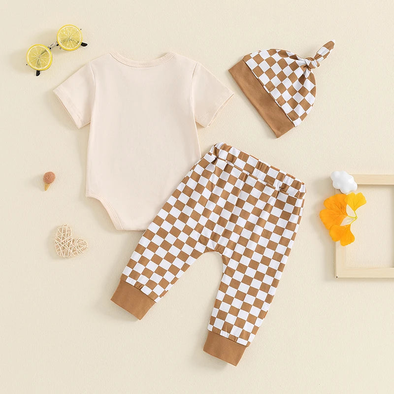 Baby Boys 3Pcs Outfit Daddy's Little Dude Letter Print Crew Neck Short Sleeve Romper Checkerboard Print Long Pants Hat Set