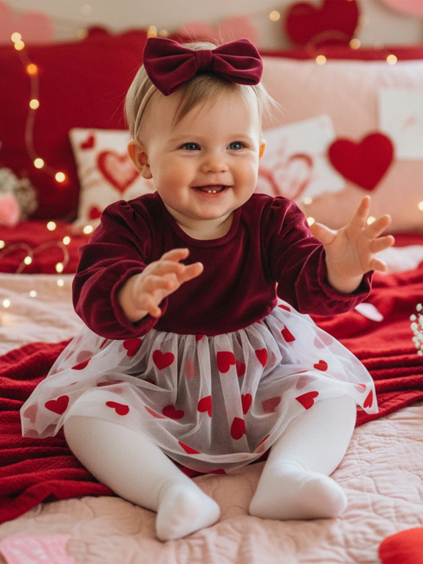 Baby Girls 2Pcs Valentine's Day Romper Dress Long Sleeve Heart Print Tulle Skirt Jumpsuits Headband Bow Set