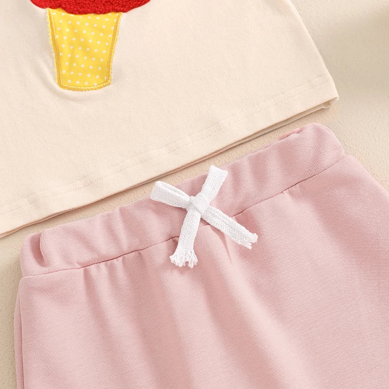 Baby Toddler Girl Boy 2Pcs Summer Outfit Ice Cream Embroidery Short Sleeve Top and Elastic Shorts Set