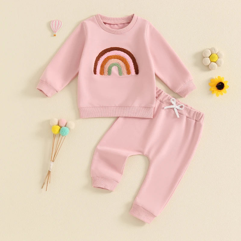 Baby Toddler Girls 2Pcs Outfit Embroidery Rainbow Long Sleeve Crew Neck Top with Elastic Waist Pants Set