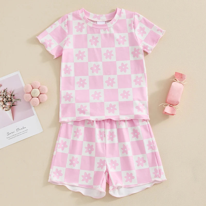 Baby Toddler Girls 2Pcs Outfit Floral Flower Checkered Print Short Sleeve Top with Elastic Waist Shorts Set