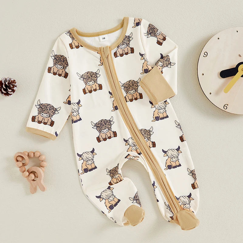 Baby Boys Girls Western Footed Jumpsuit Long Sleeve Crew Neck Cow Print Zipper Romper