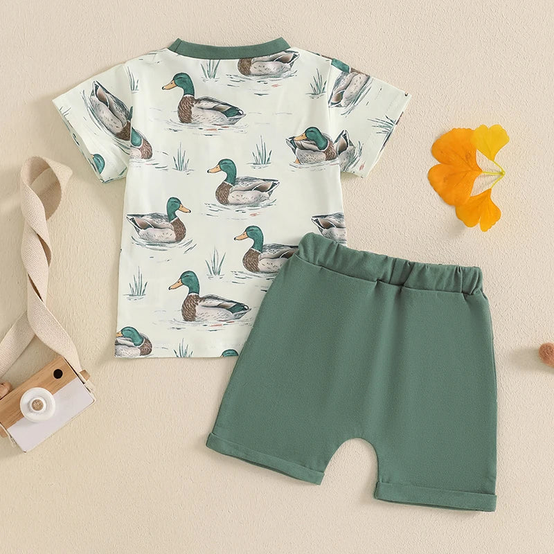 Baby Toddler Boys 2Pcs Duck Print Spring Outfit Short Sleeve T-Shirt Top Elastic Waist Shorts Farm Clothes Summer Set