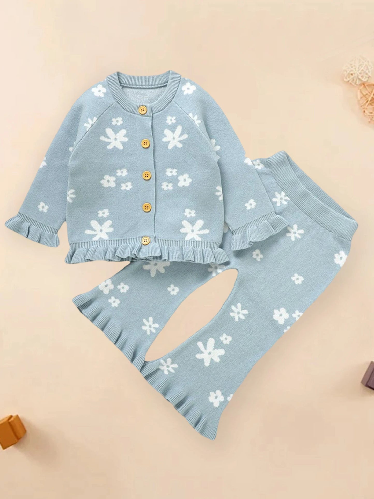 Baby Toddler Girl 2Pcs Fall Outfits Long Sleeve Floral Print Knit Cardigan Tops Flare Pants Set Toddler Clothes