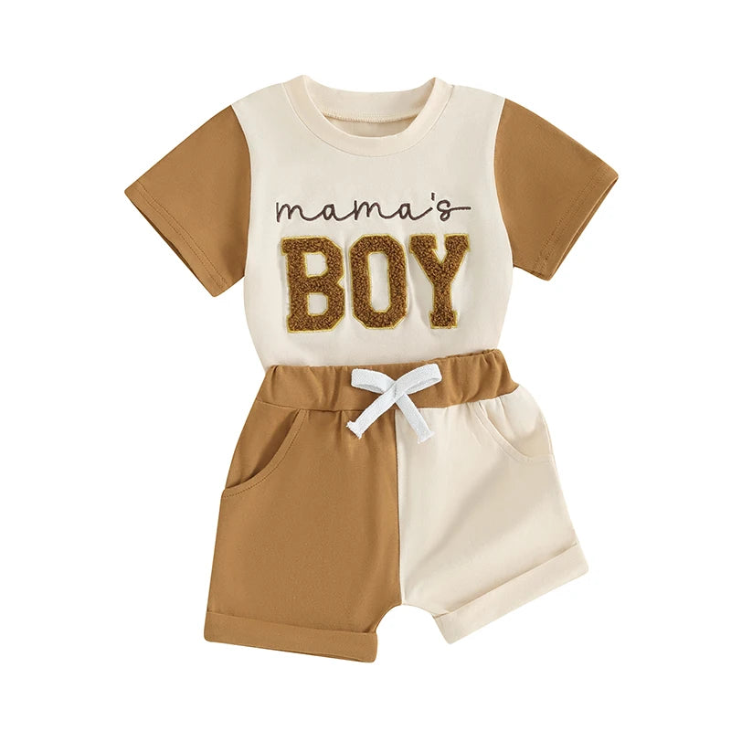 Toddler Baby Boy 2Pcs Mama's Boy Summer Outfits Short Sleeve Embroidery Top + Contrast Color Shorts Clothes Set