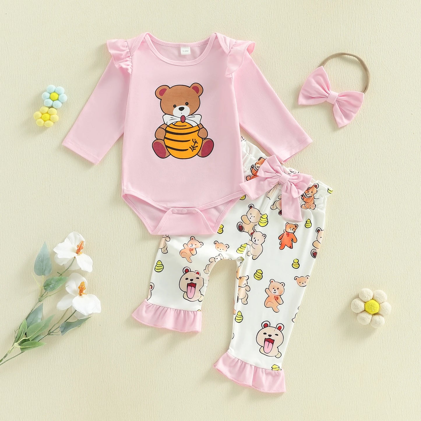 Baby Girl 3Pcs Spring Outfit Honey Bear Long Sleeve Romper Ruffle Pants and Bow Headband 3 Piece Set