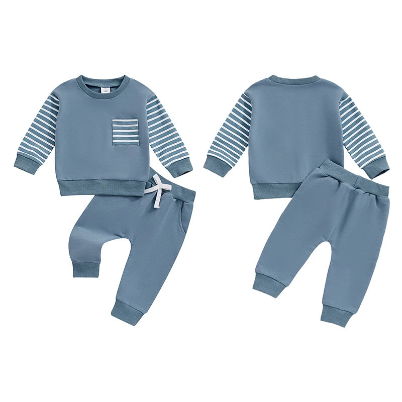 Baby Toddler Boys Girls 2Pcs Fall Outfit Striped Long Sleeve Top Elastic Waist Pants with Pockets Set