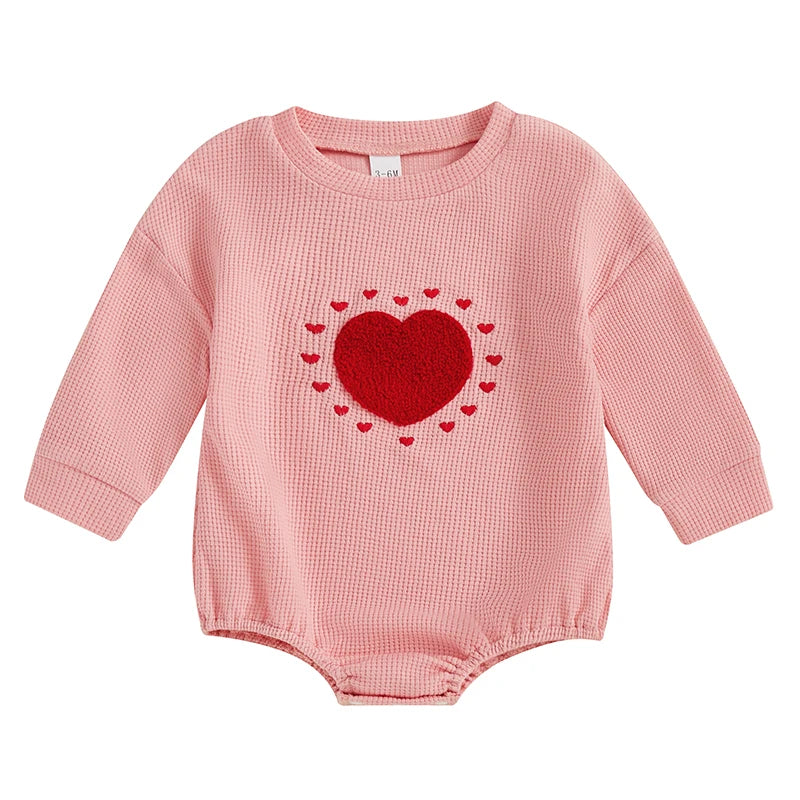 Baby Toddler Girls Waffle Romper Heart Valentines Embroidery Long Sleeve Jumpsuits Valentine's Day