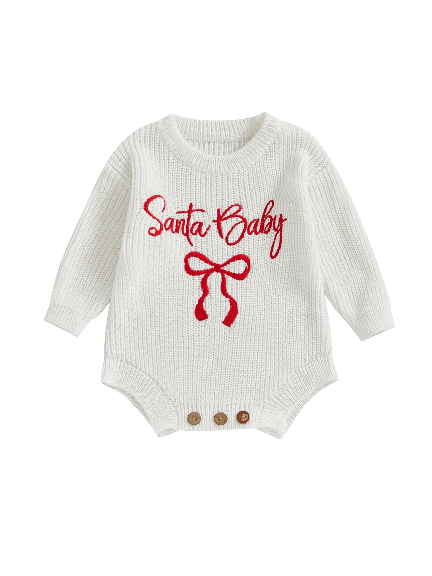 Baby Girl Santa Baby Christmas Romper Loose Fit Letter Bow Embroidery Ribbed Knit Long Sleeve Infant Winter Sweater