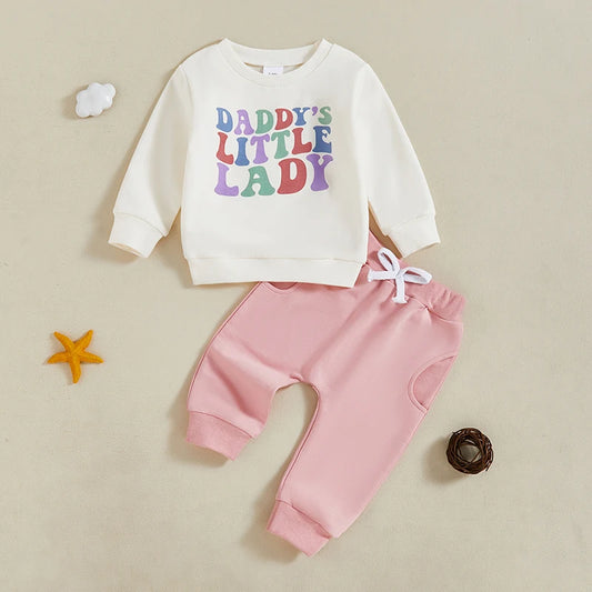 Baby Toddler Girls 2Pcs Daddy's Little Lady Fall Outfit Letter Print Crew Neck Long Sleeve Top and Long Pants Set