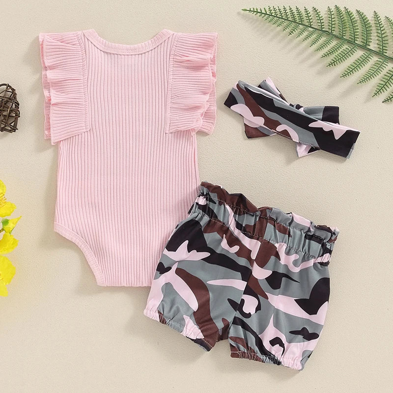 Baby Girls 3Pcs Hi I'm New Here Fly Sleeve Romper with Camouflage Rainbow Sunflower Waist Tie Shorts and Headband Summer Outfit