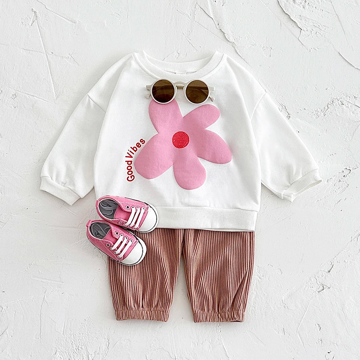 Baby Toddler Girls Boys 2Pcs Set Flowers / Waves / Sun Good Vibes Letters Print Pullover Long Sleeve Crewneck Top + Corduroy Pants Outfit