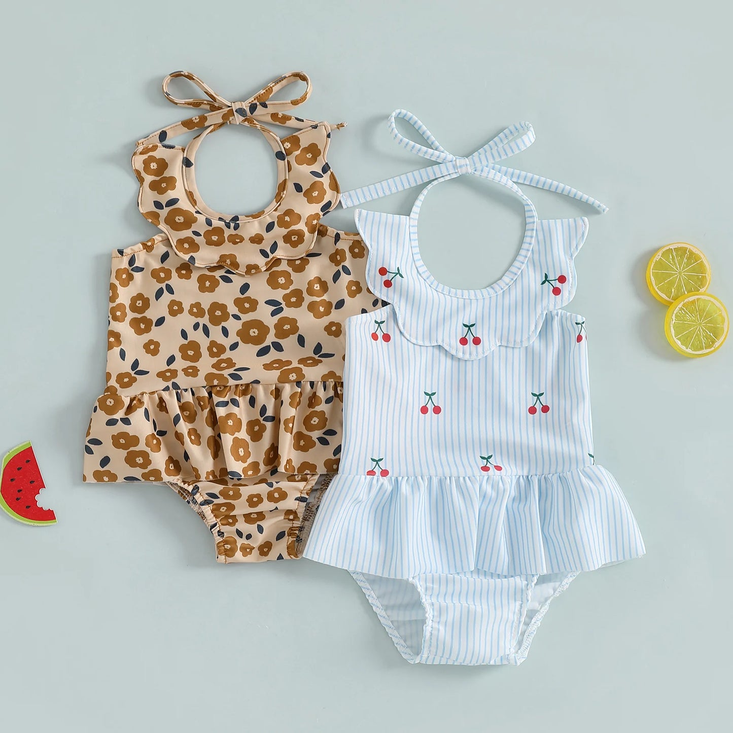 Baby Girls Halter Neck Swimwear Floral Cherry Print Romper Dress Bathing Suit Ruffled Beachwear
