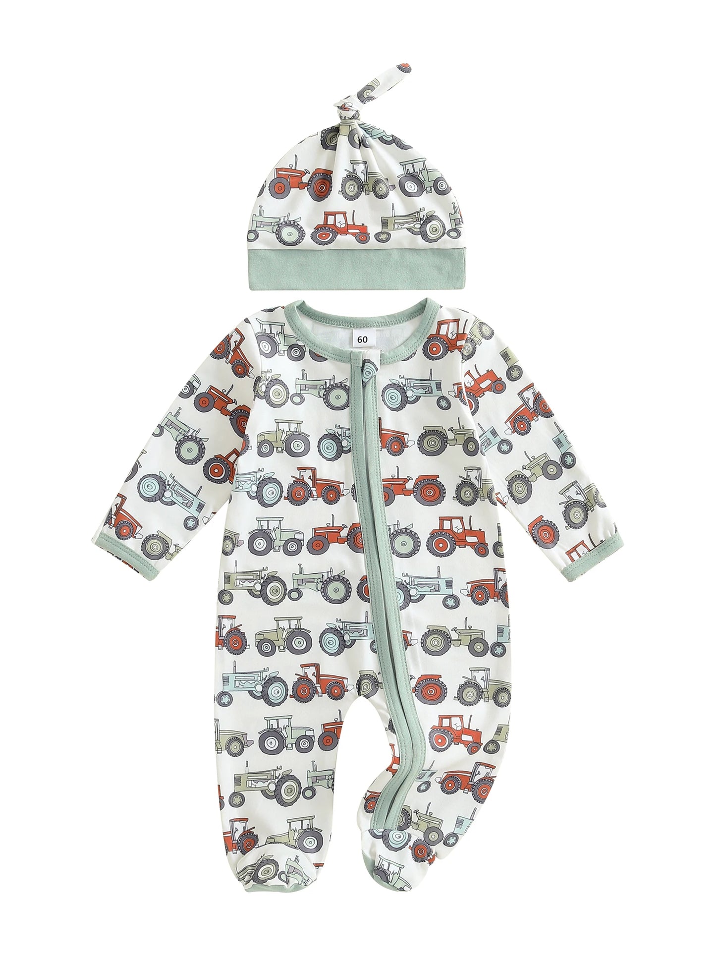 Baby Boys 2Pcs Fall Footed Romper Cute Tractor Pattern Round Neck Long Sleeve Zipper Jumpsuit with Hat Set