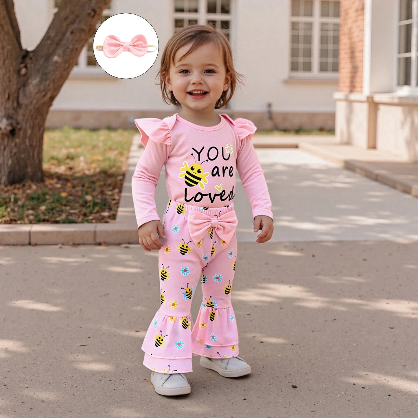 Baby Girls 3Pcs You Are Loved Long Sleeve O Neck Letter Bee Print Romper Flared Pants Headband Set