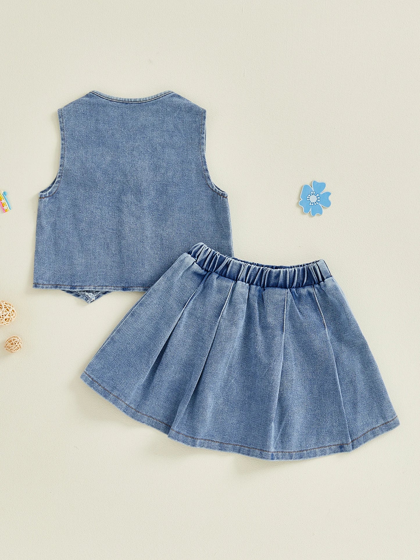 Toddler Kids Girls 2Pcs Denim Set Solid Color V-Neck Button Down Vest and Pleated Skirt 2 Piece Outfit