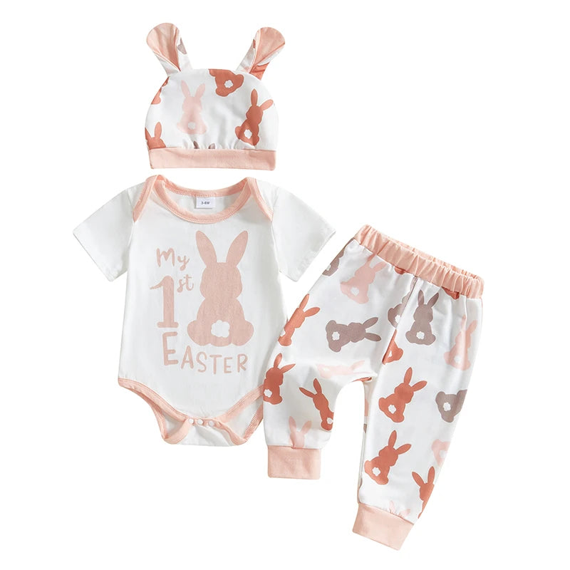 Baby Girl Boy 3Pcs My First 1st Easter Outfit Bunny Print Short Sleeve Romper Bodysuit Long Pants Hat with Rabbit Ears Spring Set