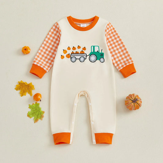 Baby Girls Boys Jumpsuit Long Sleeve Crew Neck Plaid Embroidery Tractor Pumpkin Romper Halloween Baby Clothes