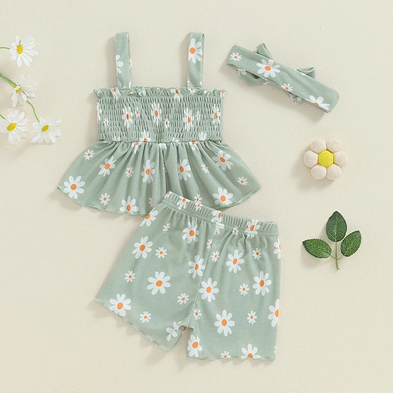 Baby Toddler Girls 3Pcs Outfit Sleeveless Daisy Flower Print Baby Doll Tank Top Shorts Headband Set