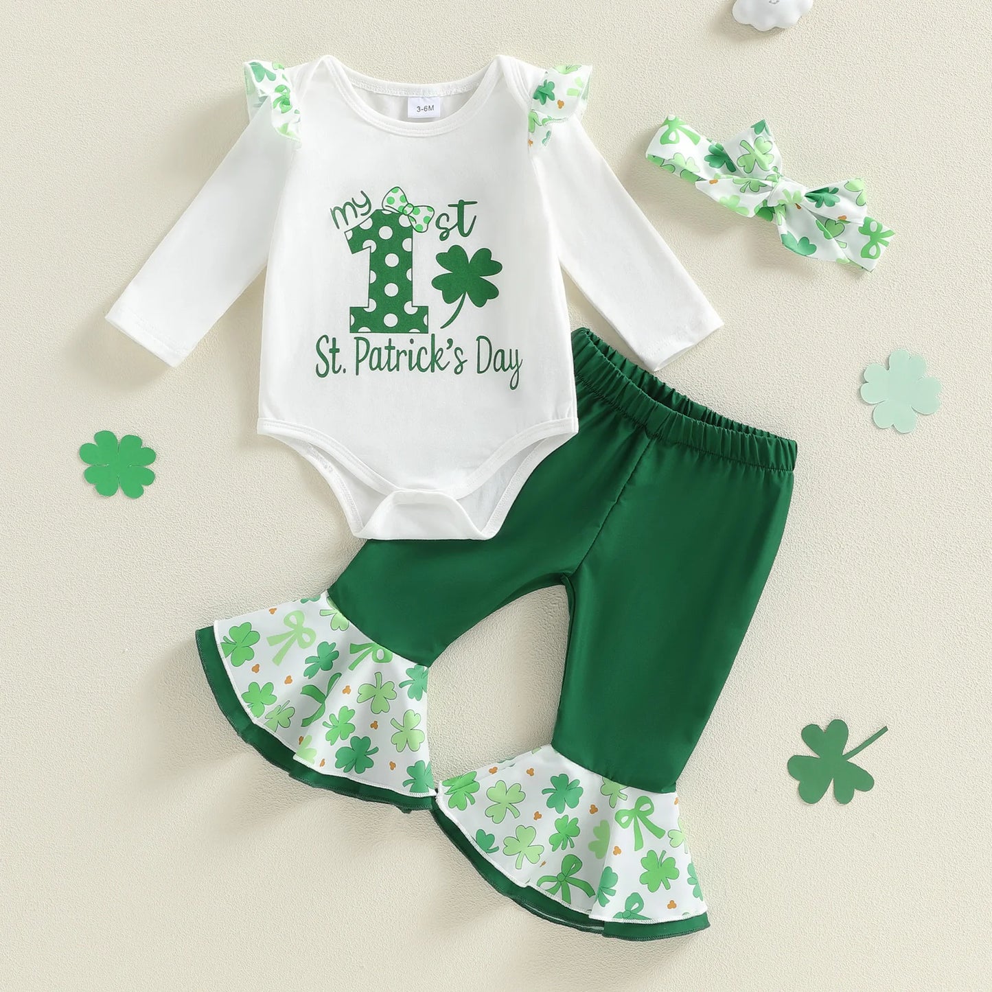 Baby Girls 3Pcs My 1st St. Patrick's Day Outfit Long Sleeve Letters Print Romper with Shamrock Print Pants and Headband Set