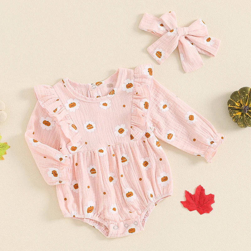 Baby Girls 2Pcs Halloween Thanksgiving Outfit Long Sleeve Pumpkin Flower Pie Print Romper with Headband Set