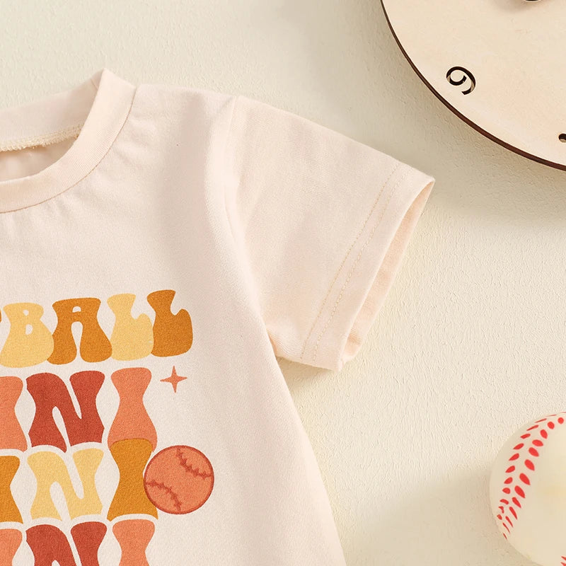 Baby Boys Girls Softball Mini Letter Baseball Print Romper Short Sleeve Round Neck Jumpsuit