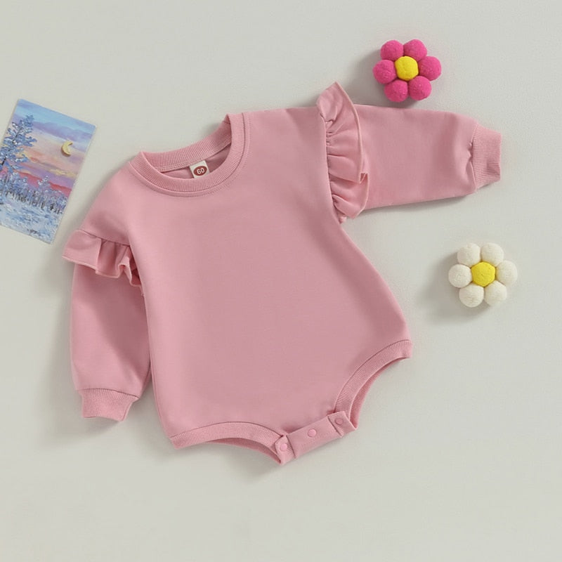 Baby Boy Girl Bodysuit Ruffle Long Sleeve Round Neck Solid Color Jumpsuit Romper