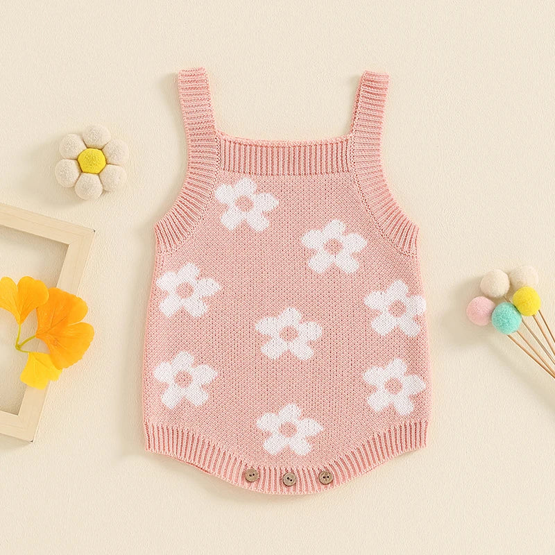 Baby Girl Summer Knit Romper Casual Floral Print Sleeveless Jumpsuit